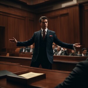 A dazzling image of Thomas Yaegers in a debonair suit arguing in...