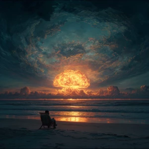 A solitary figure sits in a wooden beach chair on a quiet, darke...