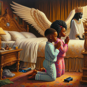 An oil painting of two African-American children with dark skin,...
