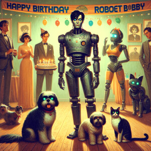 Male robot black hair. Female robot red hair. Shih tzu dog robot...