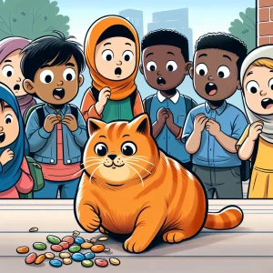 A fat orange adorable cat eating snacks in front of a school sca...