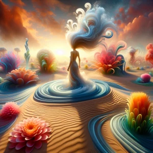 A woman with hair made of flowing water standing in the middle of a desert. Around her, vivid flowers bloom in the sand, creating a vibrant, swirling garden that seems to radiate life