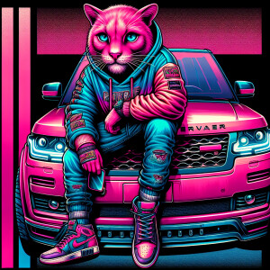 Create a colorful/psyscadelic character of pink panther wearing...