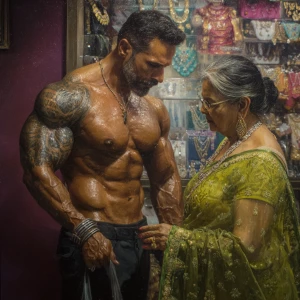 Hyperrealism photo painting.a muscular beefy tattoed gujarati sw...
