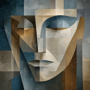 Create a cubist-style portrait featuring a serene face with clos...