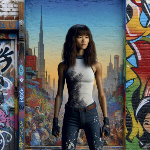 Athletic Thin skinny Attractive, Asian teenage girl, long brown hair and bangs, wearing tight skinny jeans and a halter top paint marks on her clothing, heroic pose Asian graffiti background