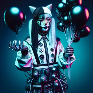A clown wearing a monochrome feline-inspired costume with coordi...