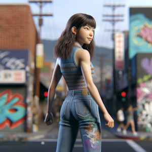 teenage girl, long brown hair and bangs, wearing tight skinny jeans and a halter top paint marks on her clothing, heroic pose Asian graffiti background, backside view