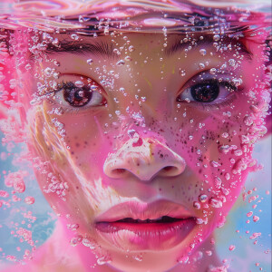 A young girl with pastel pink skin is shedding crystal tears ben...