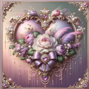 Picture an opulent heart-shaped frame adorned with pearls and go...
