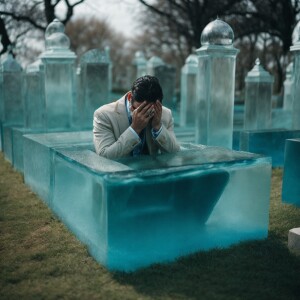 a man made entirely of glass, filled with water and , sitting ha...
