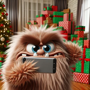 Fuzzy creature posing for a selfie with an exaggerated angry exp...