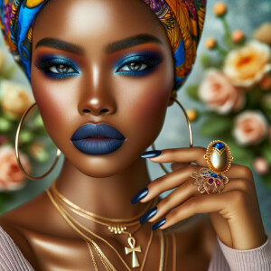 Create an image of an african-American, graceful woman , striking blue eyeshadow, and full lips. She wears large, golden hoop earrings and multiple necklaces, one with a prominent ankh pendant. Her hair is hidden beneath a vibrant, patterned head wrap in shades of blue, yellow, and orange. Her nails are painted dark blue, complementing her eyeshadow, and her fingers are adorned with a large, ornate gold ring. She poses elegantly against a background filled with soft pastel flowers, highlight her beauty