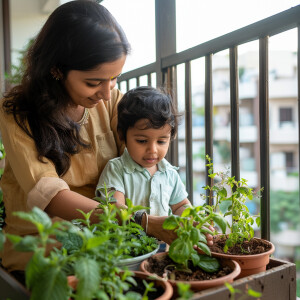 A modern young Indian brown mother having a small herb garden wi...