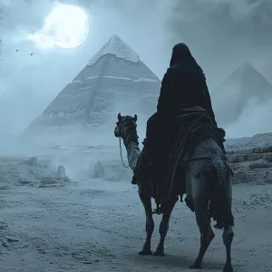 A mysterious queen riding past the great pyramids on a camel, go...