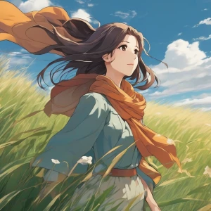 A single character standing in a grassy field, their scarf blowing in the wind.