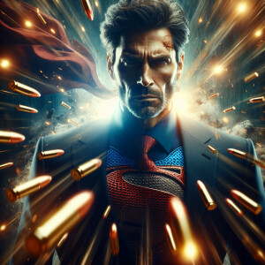 president Donald Trump as superman not afrain of bargging bullet...