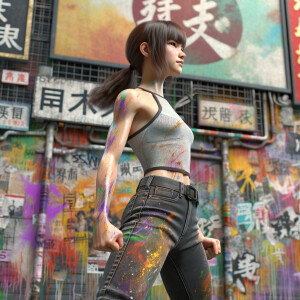 Athletic Thin skinny Attractive, Asian teenage girl, long brown hair and bangs, wearing tight skinny jeans and a halter top paint marks on her clothing, heroic pose Asian graffiti background, backside view