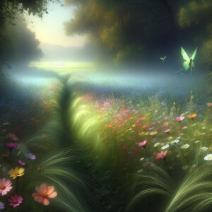 À field full of flowers tall grass, a small path , realistic and...