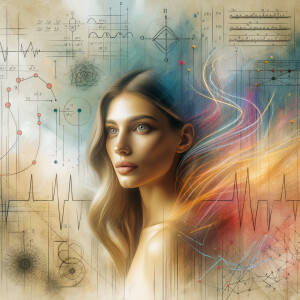 Abstract, minimalist, painting, with pencil line, paint stroke, gestures, colorful marks, mathematical equations, electrical cardiogram, printouts complex math formulas, dna asian teen girl