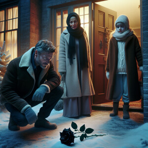 In winter, a father, mother and daughter stand near the threshol...