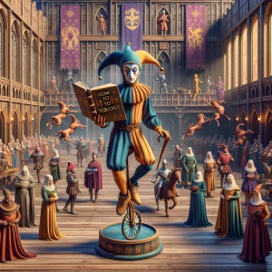 : A jester with a paradoxical aura of wisdom, holding a book tit...