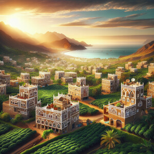 Yemeni architecture with some coffee farms, sea and mountains in...