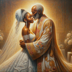 Imagine a hyper-realistic oil painting that captures a tender moment between theAfrican American bride and her God. The setting is intimate and filled with soft, warm lighting that enhances the emotional depth of the scene. The bride, in herexquisite wedding gown, shares a heartfelt embrace with her african-American Lord Jesus , who is dressedin an elegant outfit that complements the wedding's color scheme. Their expressions are full of love, pride, and joy, reflecting the special bond between them. Theattention to detail is paramount, from the intricate designs of their dresses to the subtle emotions conveyed in their facial expressions. The background is a blur ofgentle pastel hues, ensuring that the focus remains on this touching moment. Thispainting should convey the warmth, love, and depth of the relationship, with the rich textures and vibrant strokes characteristic of oil paintings, capturing the essence of this significant pre-wedding moment.