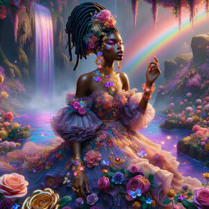 Remix Prompt
S/O Jackie Torres
S/O Panda Locke

create a animated style hyper realistic airbrush whimsical oil painting of a light African American woman wearing a flawless beautiful purple, pink, and gold blossom dress long flowing with colorful flowers and ruffles on the dress colorful jewelry made of flowers she has long black dreadlocks in a bun a colorful rose in her hair her peep toe shoes is matching her dress behind her is a beautiful waterfall liquid glowing lights beautiful colorful rainbow surrounded by beautiful roses.