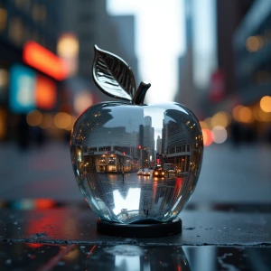 the big apple city new york inside glass apple sculpture reflect...