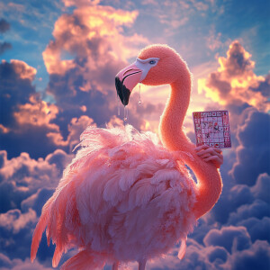 Pink flamingo holding a bingo card looking up at the sky, extrem...