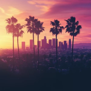 Create an image of a stunning Los Angeles cityscape at sunset, h...