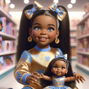 Create a 3-D image of an african-American little girl inside of a medium size, toy store. The little girl has thick long, ponytails and huge blue eyes. She has on a gold and blue jumpsuit with matching bows, She is playing with her favorite african-American cabbage patch doll, the doll has deep, dimples, and freckles and looks just like her