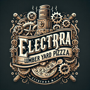 An intricately designed Electra Lumber Yard Pizza logo in steamp...