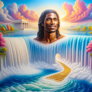 A hyper-realistic 3-Dh oil painting colorful waterfall out of th...