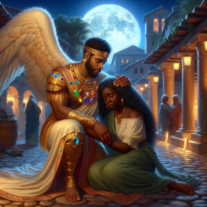 Create an oil painting image featuring a male angel and a grievi...