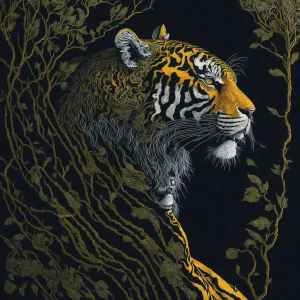 Create a digital image inspired by Gustav Klimt's unique style, featuring a majestic tiger as the central subject, incorporating Klimt's signature use of gold leaf, intricate patterns, and Art Nouveau elements.