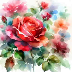 A single red rose in bloom, with soft, blended watercolor petals and a light green stem