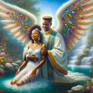 An oil painting depicting a large African-American angel with wi...