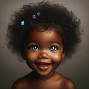 "Create a digital portrait of an adorable african-American baby girl with a joyful expression. Her big, bright blue eyes are wide with wonder, and her tiny mouth is shaped in a happy grin. Her skin has a warm, honey-brown tone, and she has an abundance of curly black hair, playfully tied up with light blue bows. The background is soft and neutral to keep the focus on her delightful features. The portrait should be vibrant and heartwarming, celebrating the innocence and charm of childhood."