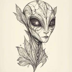 A hand-drawn 2D portrait of an alien hybrid with a human-like fa...