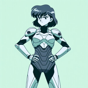 1990s anime screencap, girl a plugsuit, standing with hands on h...