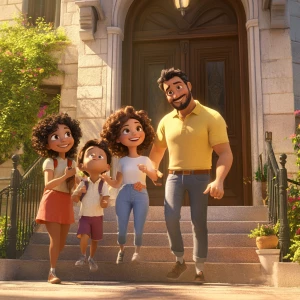 Create an animated Pixar image of a beautiful happy biracial family walking up the steps of a church