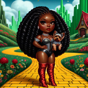 a Melanin thickhip chibi woman with black faux locs hair wearing...
