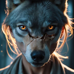 * "A woman's face transforming into a wolf's snout."