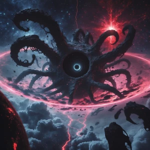 An overwhelming, apocalyptic cosmic horror scene in the void of...