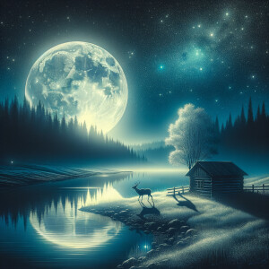 Beautiful moonlight night deer by the water  cabin