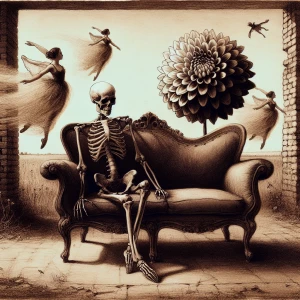 A skeleton with a large black dahlia for a head is sitting on an...
