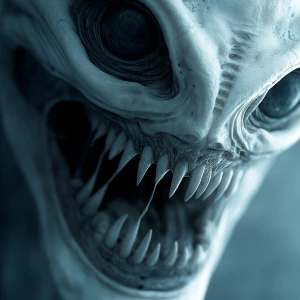 Surreal close-up photograph of a alien face where the mouth is t...
