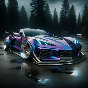 A metallic purple with 2024 corvette with a wide body kit parked...